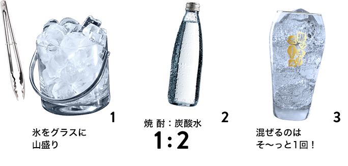 1.氷をグラスに 山盛り 2.焼 酎:炭酸水1:2 ※25度焼酎の場合 3.混ぜるのは そ～っと1回!