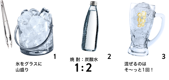 1.氷をグラスに 山盛り 2.焼 酎:炭酸水1:2 ※25度焼酎の場合 3.混ぜるのは そ~っと1回!